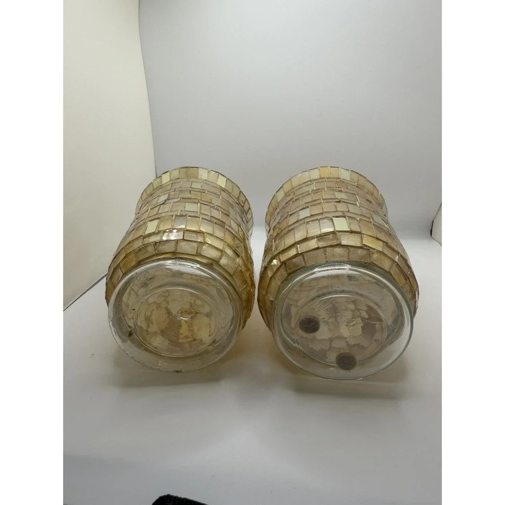 Vintage Mosaic Gold Glass Hurricane Candle Holders Pair Amber Retro 5in
